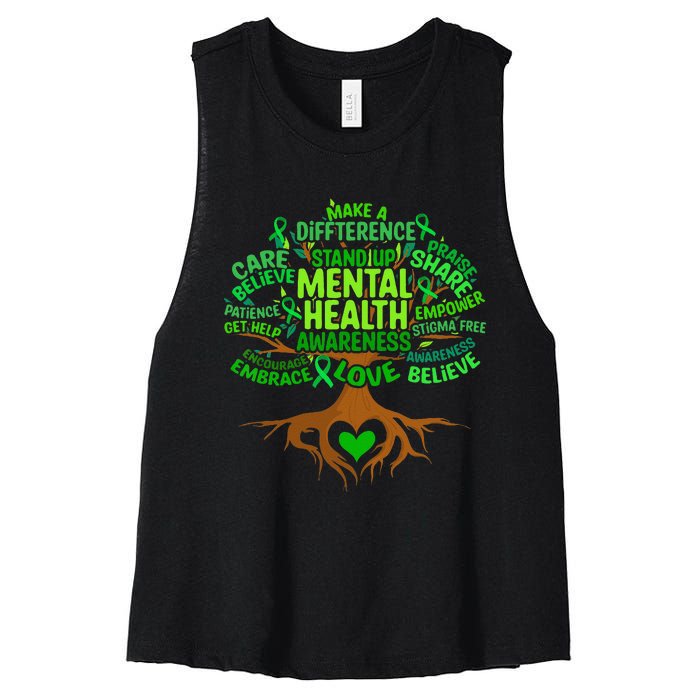 Mental Health Awareness Tree Drawing Word Art Women's Racerback Cropped Tank