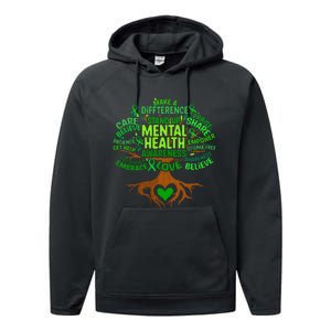 Mental Health Awareness Tree Grreen Ribbon Performance Fleece Hoodie