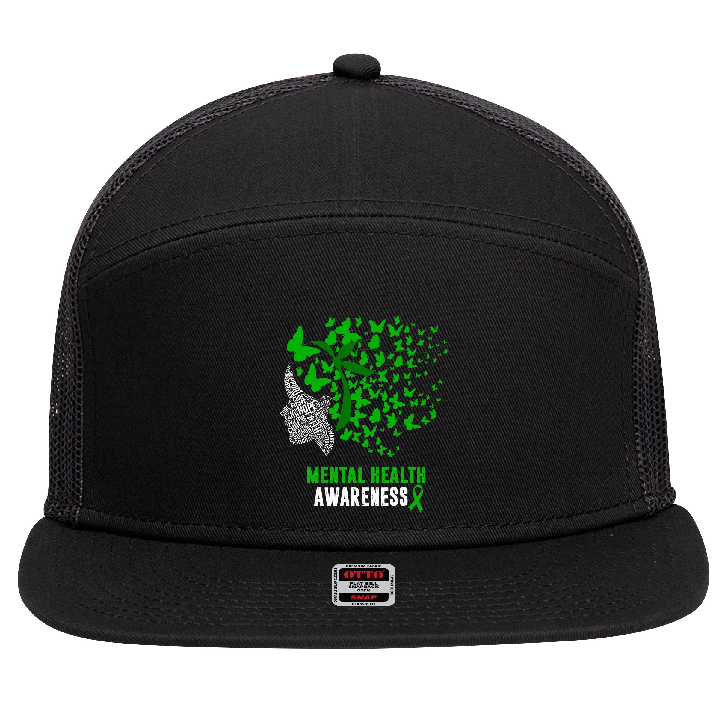 Mental Health Awareness Butterflies Green Ribbon 7 Panel Mesh Trucker Snapback Hat