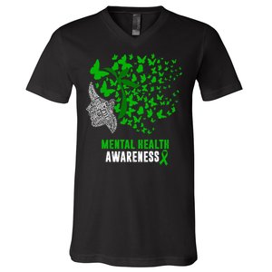 Mental Health Awareness Butterflies Green Ribbon V-Neck T-Shirt