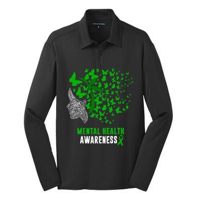 Mental Health Awareness Butterflies Green Ribbon Girl Silk Touch Performance Long Sleeve Polo