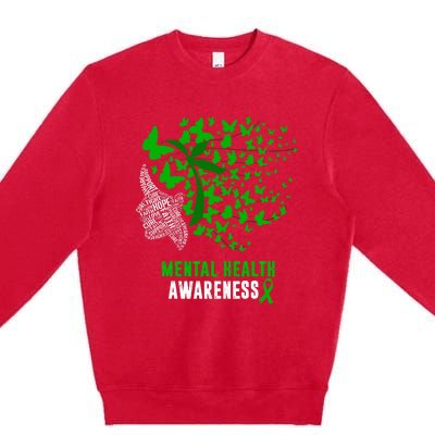 Mental Health Awareness Butterflies Green Ribbon Girl Premium Crewneck Sweatshirt