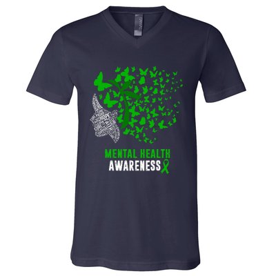 Mental Health Awareness Butterflies Green Ribbon Girl V-Neck T-Shirt