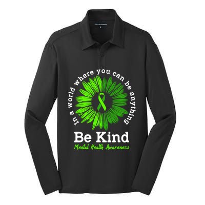 Mental Health Awareness Month Be Kind Green Ribbon Sunflower Gift Silk Touch Performance Long Sleeve Polo