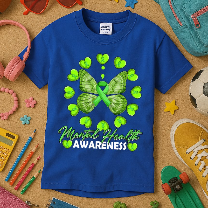 Mental Health Awareness Month Heart Love Butterfly Gift Kids T-Shirt