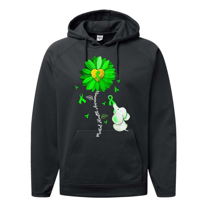 Mental Health Awareness Sunflower Green Ribbon Elephant Performance Fleece Hoodie