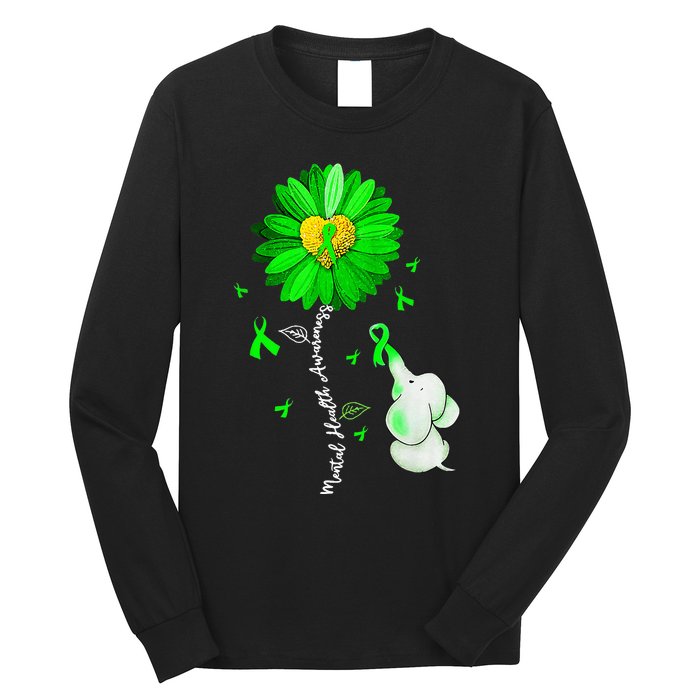 Mental Health Awareness Sunflower Green Ribbon Elephant Long Sleeve Shirt