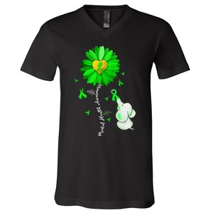 Mental Health Awareness Sunflower Green Ribbon Elephant V-Neck T-Shirt