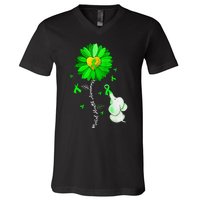 Mental Health Awareness Sunflower Green Ribbon Elephant V-Neck T-Shirt