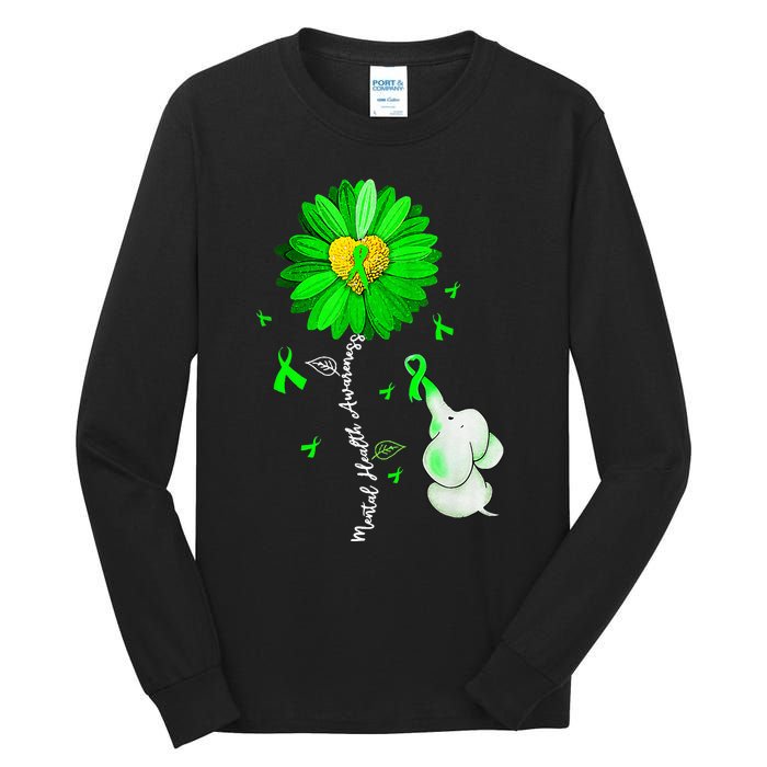 Mental Health Awareness Sunflower Green Ribbon Elephant Tall Long Sleeve T-Shirt