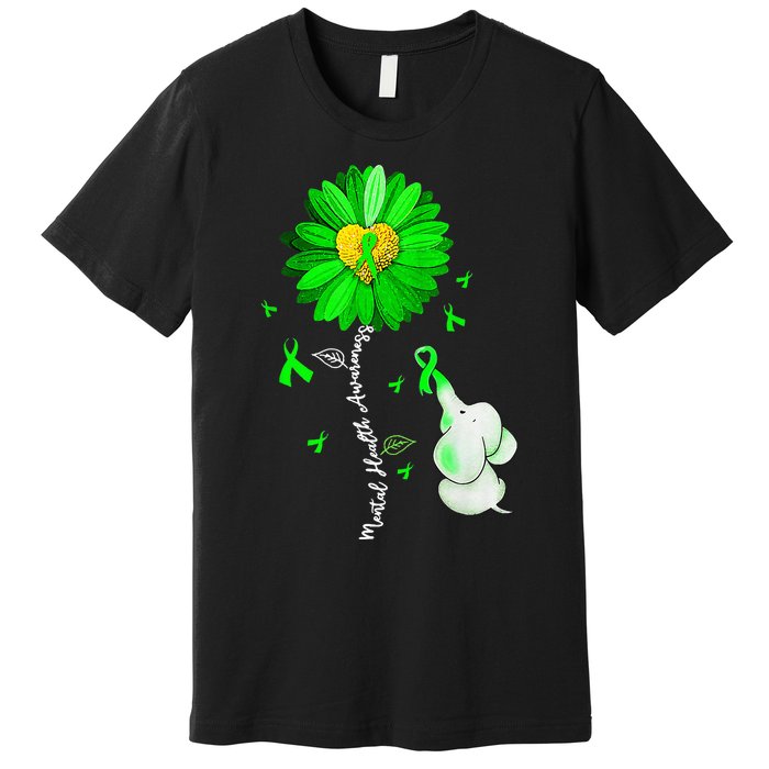 Mental Health Awareness Sunflower Green Ribbon Elephant Premium T-Shirt