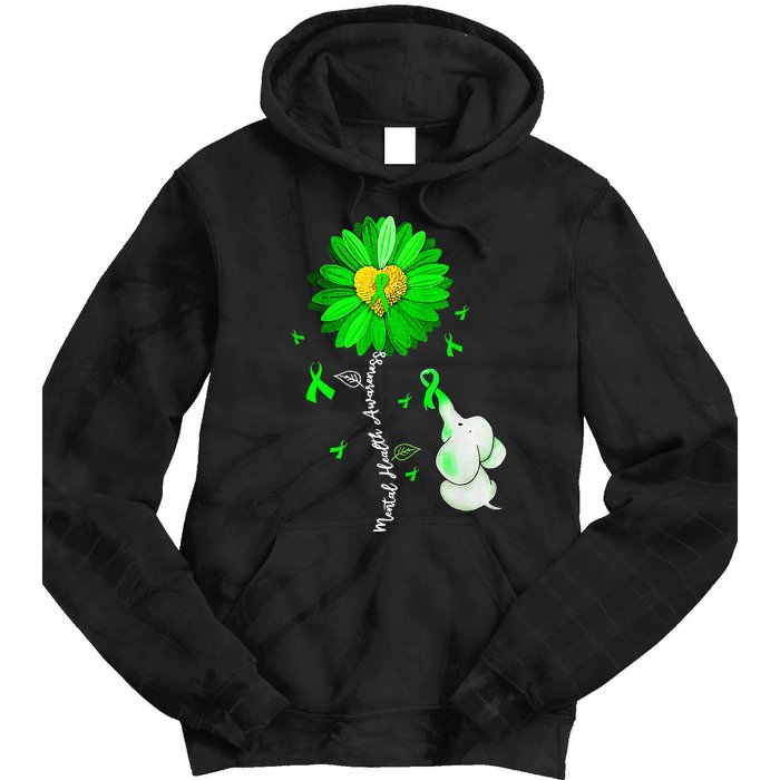 Mental Health Awareness Sunflower Green Ribbon Elephant Tie Dye Hoodie