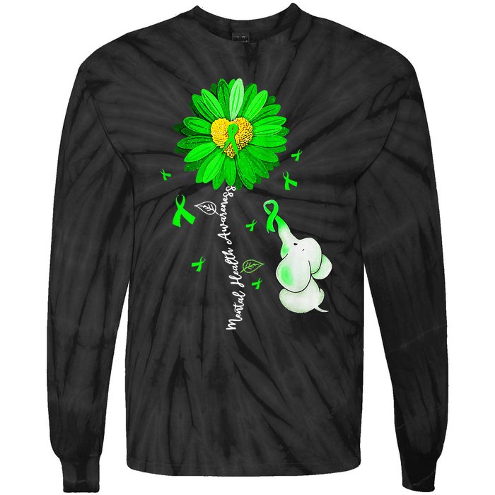 Mental Health Awareness Sunflower Green Ribbon Elephant Tie-Dye Long Sleeve Shirt