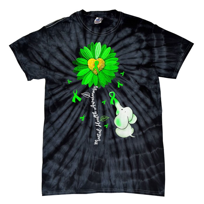 Mental Health Awareness Sunflower Green Ribbon Elephant Tie-Dye T-Shirt