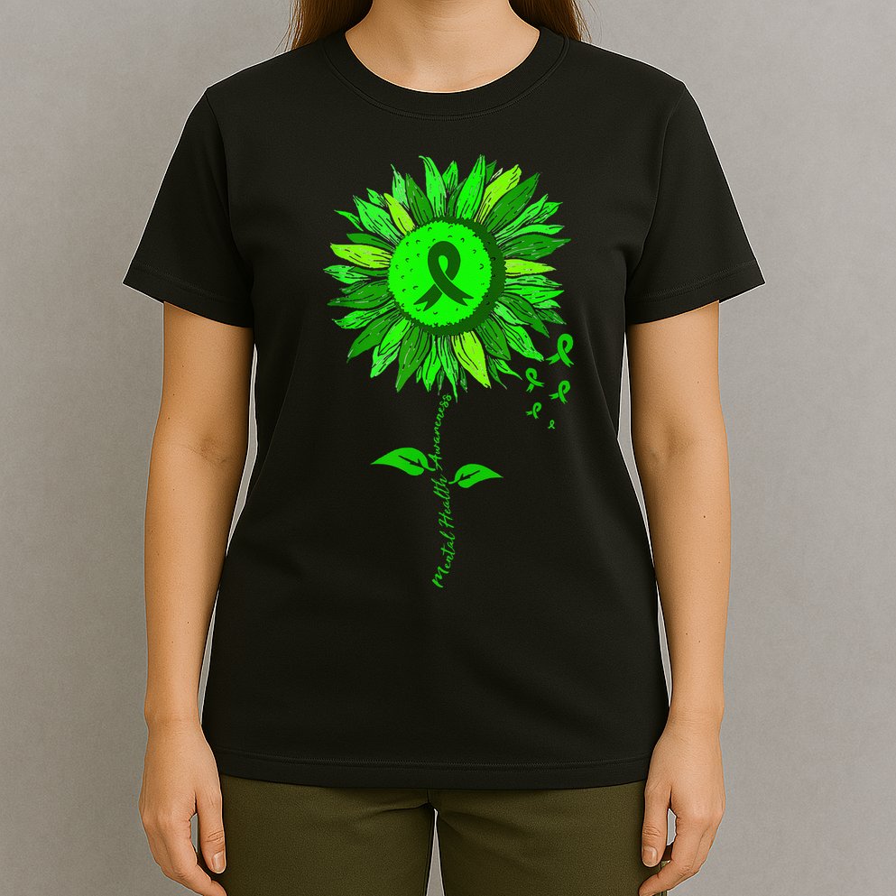 Mental Health Awareness Sunflower Green Ribbon Stigma T-Shirt