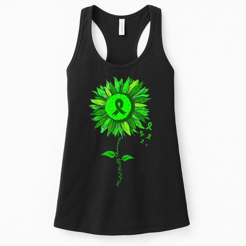 Mental Health Awareness Sunflower Green Ribbon Stigma Womens Tank Top