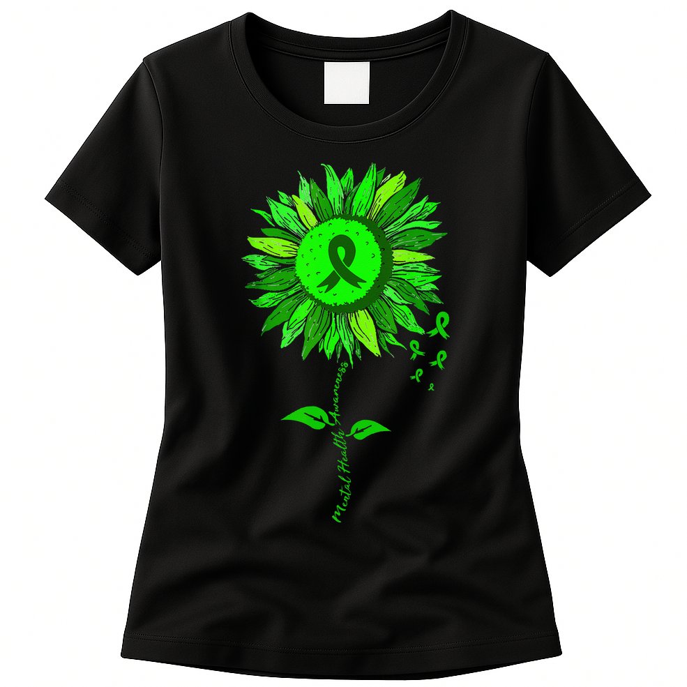 Mental Health Awareness Sunflower Green Ribbon Stigma Womens T-Shirt
