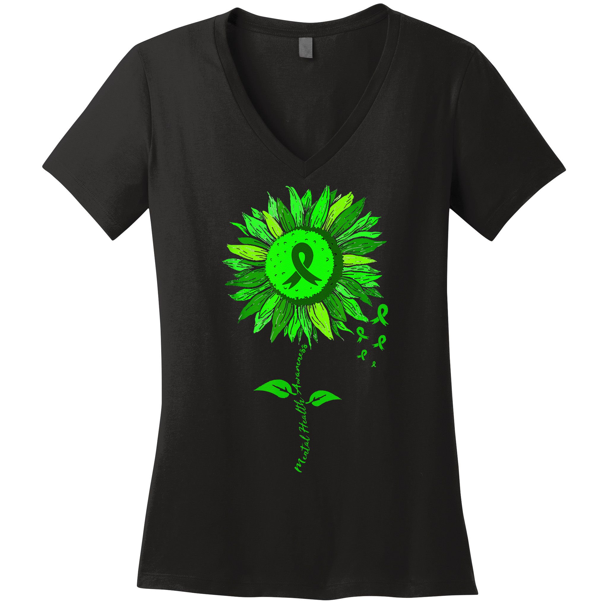 Mental Health Awareness Sunflower Green Ribbon Stigma Women's V-Neck T-Shirt