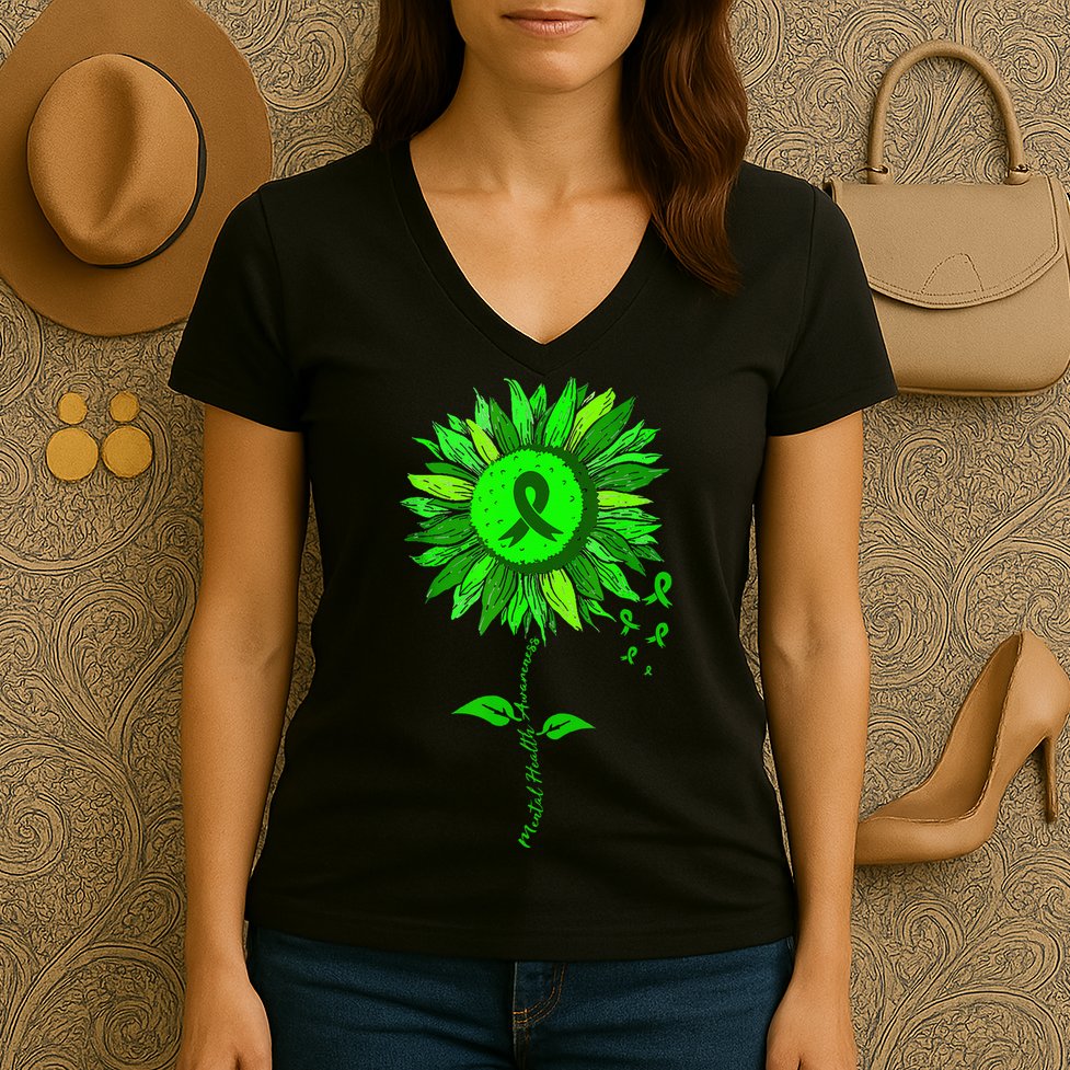 Mental Health Awareness Sunflower Green Ribbon Stigma Women's V-Neck T-Shirt