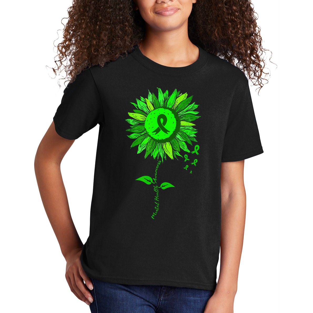 Mental Health Awareness Sunflower Green Ribbon Stigma Kids T-Shirt
