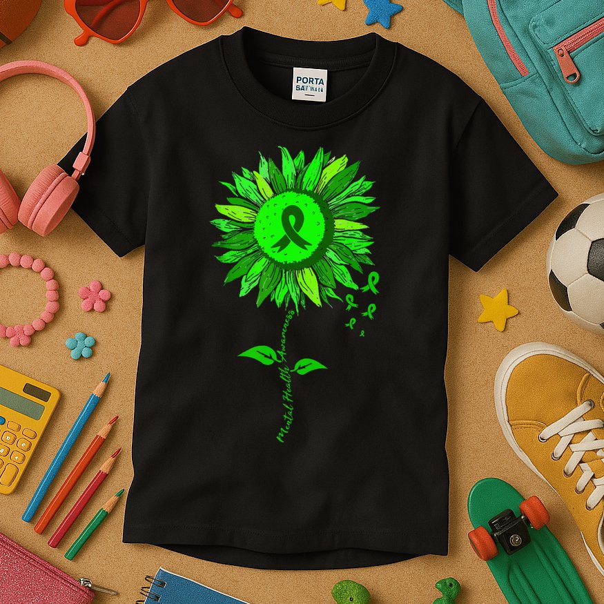 Mental Health Awareness Sunflower Green Ribbon Stigma Kids T-Shirt