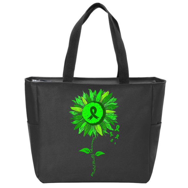 Mental Health Awareness Sunflower Green Ribbon Stigma Zip Tote Bag