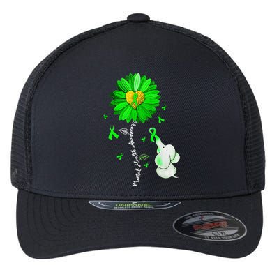 Mental Health Awareness Sunflower Green Ribbon Elephant Flexfit Unipanel Trucker Cap