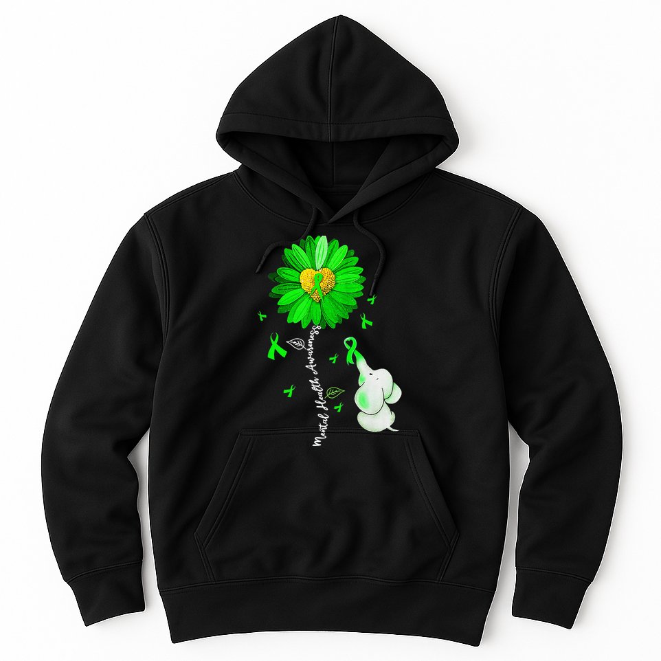 Mental Health Awareness Sunflower Green Ribbon Elephant Hoodie
