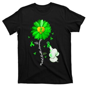 Mental Health Awareness Sunflower Green Ribbon Elephant T-Shirt