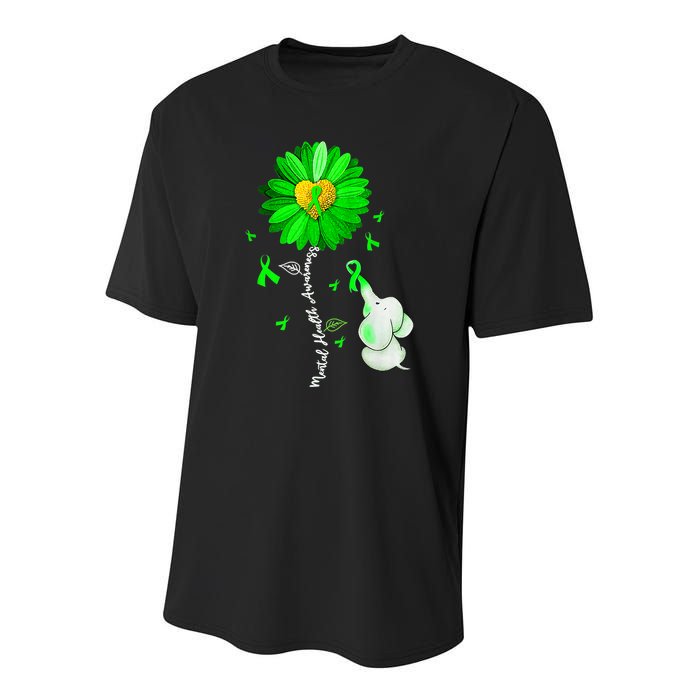 Mental Health Awareness Sunflower Green Ribbon Elephant Youth Performance Sprint T-Shirt