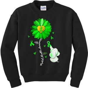 Mental Health Awareness Sunflower Green Ribbon Elephant Kids Sweatshirt