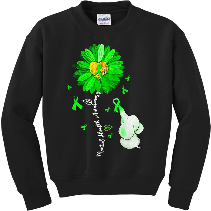 Mental Health Awareness Sunflower Green Ribbon Elephant Kids Sweatshirt