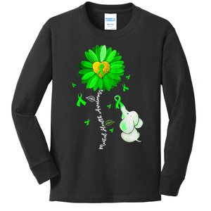 Mental Health Awareness Sunflower Green Ribbon Elephant Kids Long Sleeve Shirt