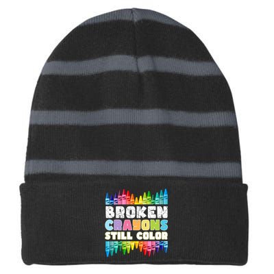 Mental Health Awareness Supporter Broken Crayons Still Color Striped Beanie with Solid Band