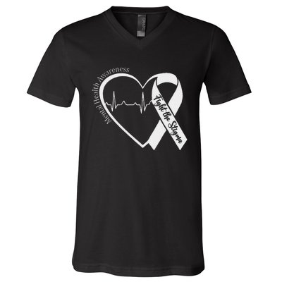 Mental Health Awareness Heart Fight The Stigma Green Ribbon V-Neck T-Shirt