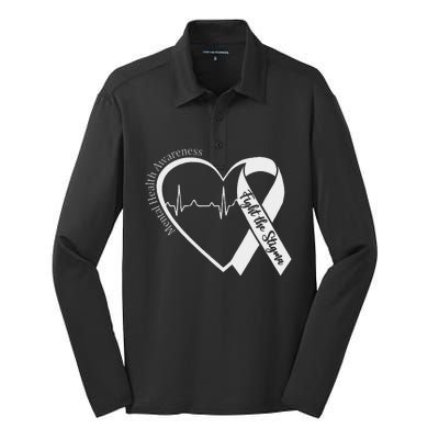 Mental Health Awareness Heart Fight The Stigma Green Ribbon Silk Touch Performance Long Sleeve Polo