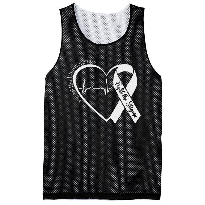 Mental Health Awareness Heart Fight The Stigma Green Ribbon Mesh Reversible Basketball Jersey Tank