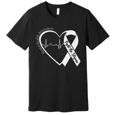 Mental Health Awareness Heart Fight The Stigma Green Ribbon Premium T-Shirt