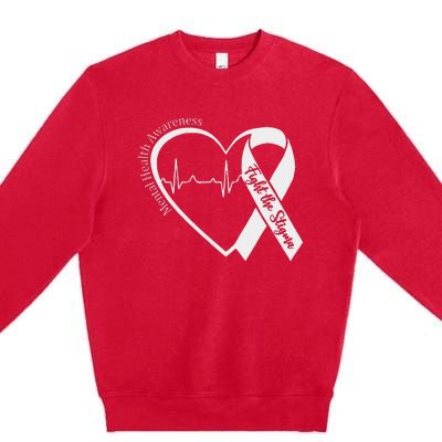 Mental Health Awareness Heart Fight The Stigma Green Ribbon Premium Crewneck Sweatshirt