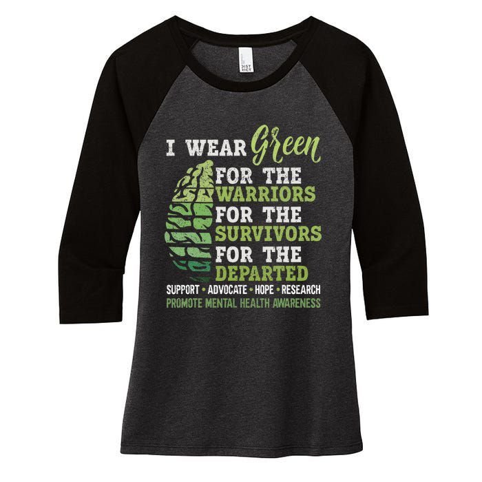 Mental Health Awareness Matters Support I Wear Green Warrior Women's Tri-Blend 3/4-Sleeve Raglan Shirt