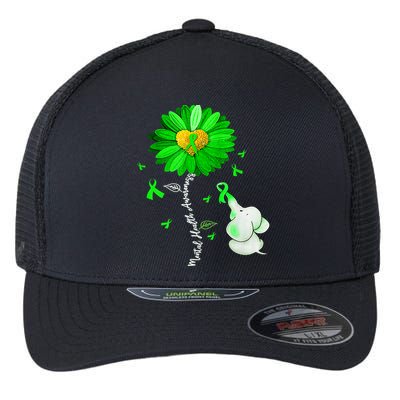 Mental Health Awareness Green Sunflower Ribbon Elephant Flexfit Unipanel Trucker Cap