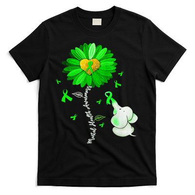 Mental Health Awareness Green Sunflower Ribbon Elephant T-Shirt