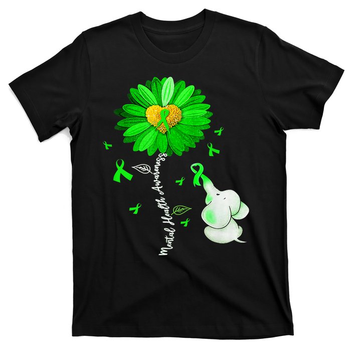 Mental Health Awareness Green Sunflower Ribbon Elephant T-Shirt