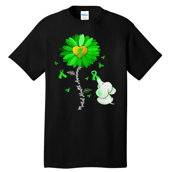 Mental Health Awareness Green Sunflower Ribbon Elephant Tall T-Shirt