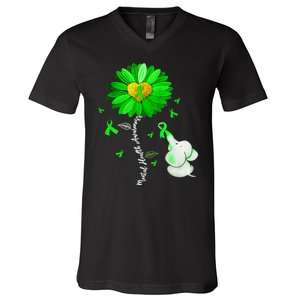 Mental Health Awareness Green Sunflower Ribbon Elephant V-Neck T-Shirt