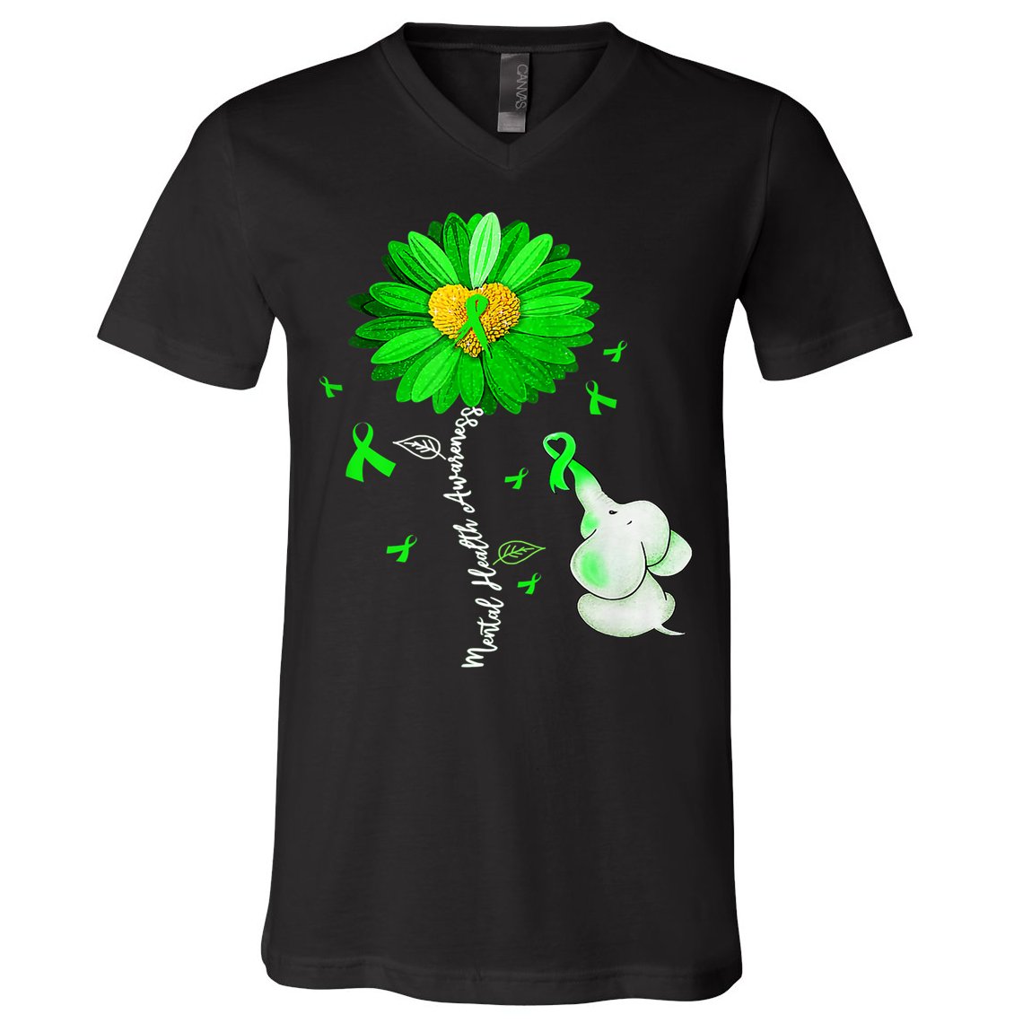 Mental Health Awareness Green Sunflower Ribbon Elephant V-Neck T-Shirt