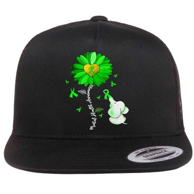 Mental Health Awareness Green Sunflower Ribbon Elephant Flatbill Hat