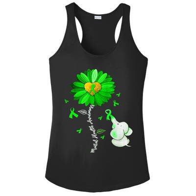 Mental Health Awareness Green Sunflower Ribbon Elephant Ladies PosiCharge Competitor Racerback Tank