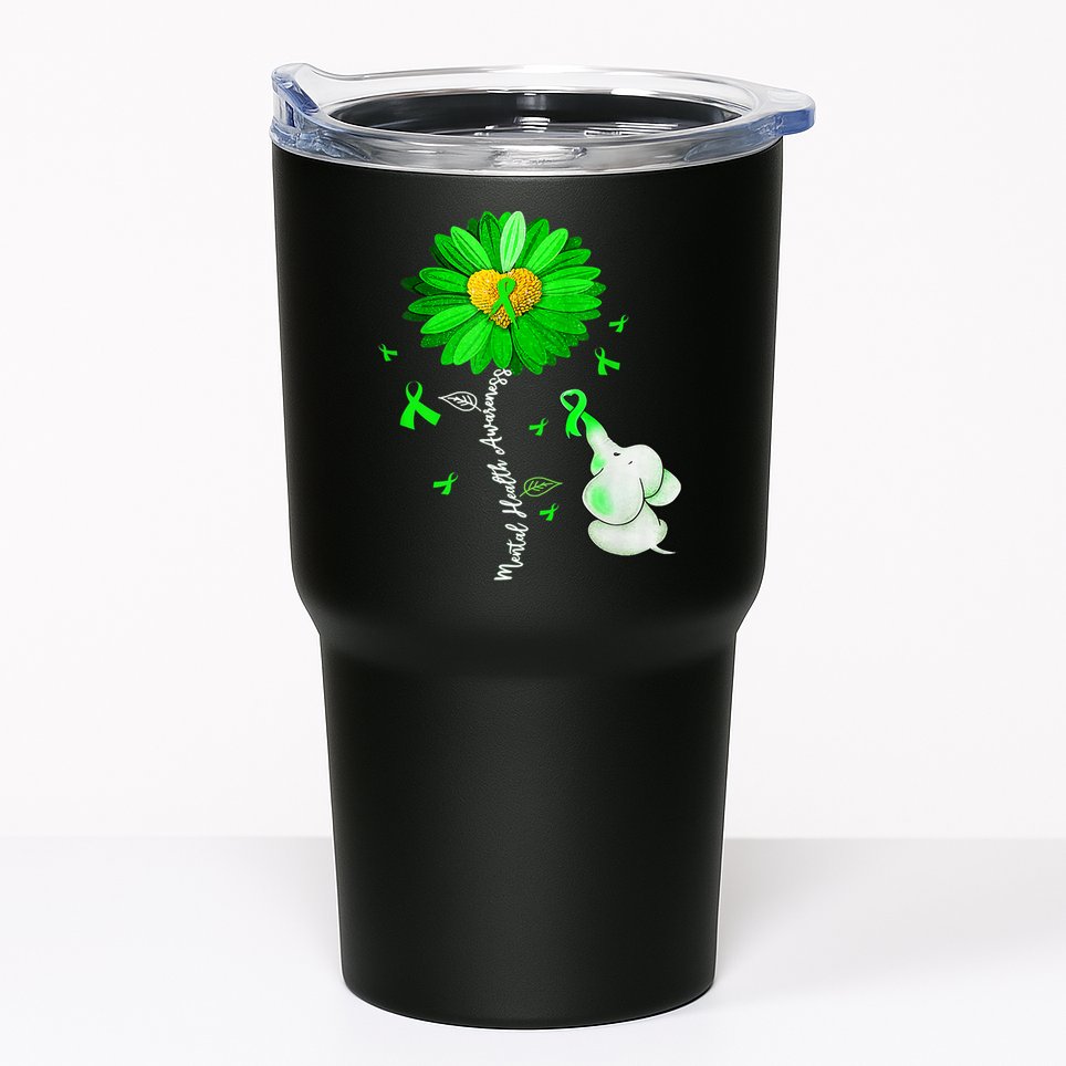 Mental Health Awareness Green Sunflower Ribbon Elephant Tumbler