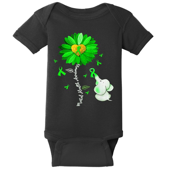 Mental Health Awareness Green Sunflower Ribbon Elephant Baby Bodysuit